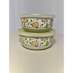 Vintage Kobe Kitchen Enamel Nesting Bowls Floral Made in Japan Set of 2 w/ Lids